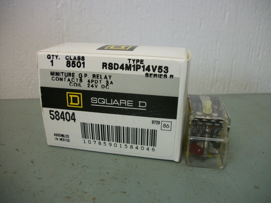 SQUARE D 4PDT MINI GP RELAY 8501RSD4M1P14V53 3AMP 24VDC NIB