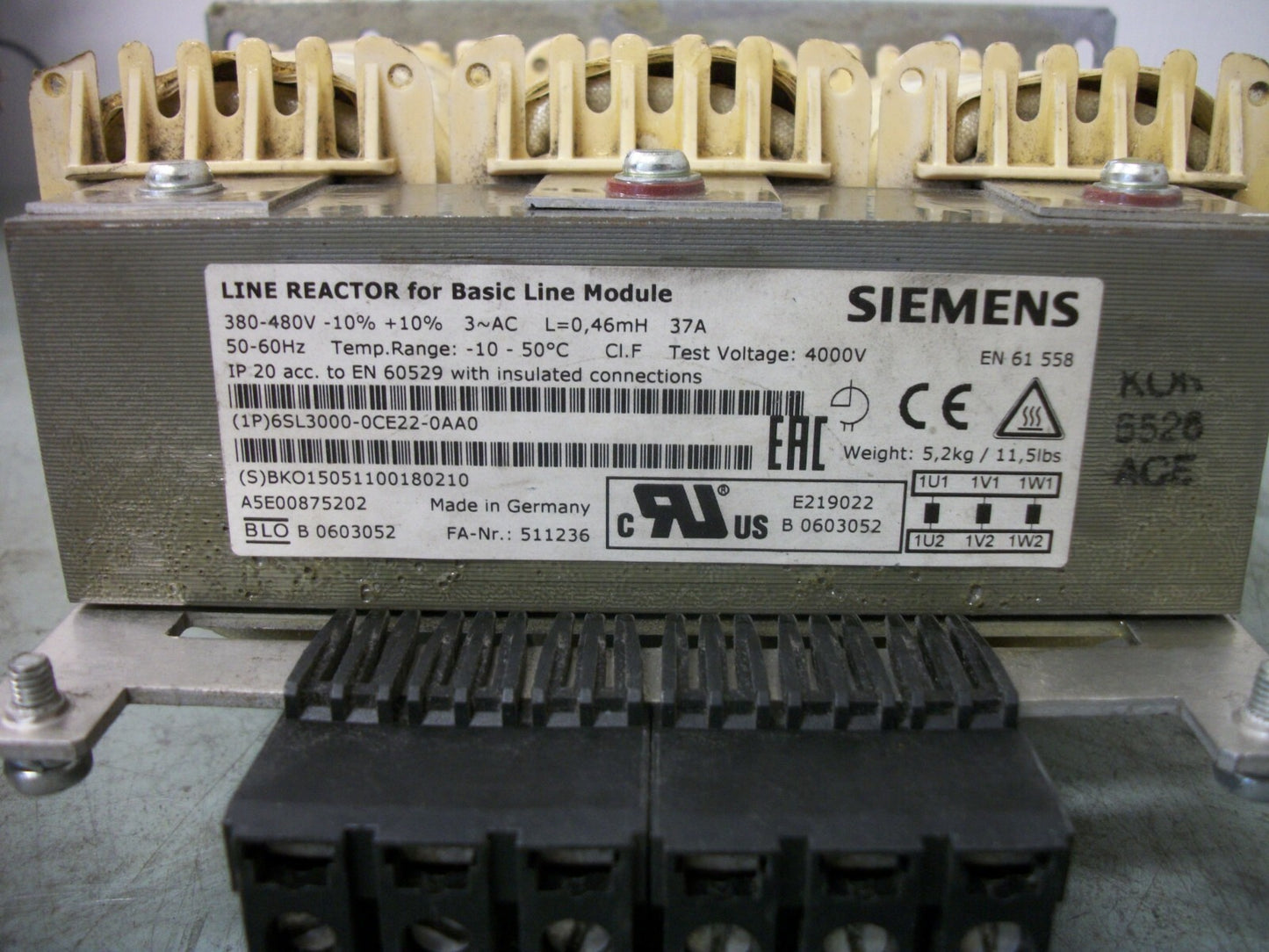 SIEMENS 3PH LINE REACTOR 1P 6SL3000-0CE22-0AA0 380-480VOLT 37AMP 0.46mH