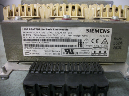 SIEMENS 3PH LINE REACTOR 1P 6SL3000-0CE22-0AA0 380-480VOLT 37AMP 0.46mH