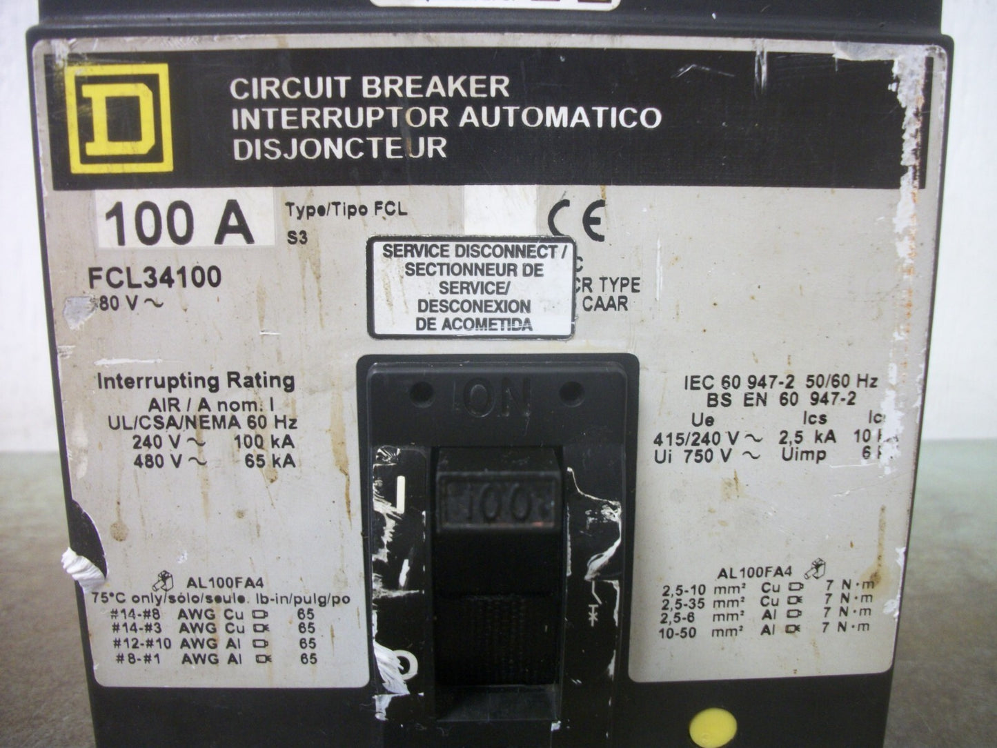 SQUARE D FCL CIRCUIT BREAKER FCL34100 100AMP 480VOLT 3POLE GRAY