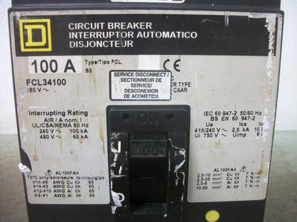 SQUARE D FCL CIRCUIT BREAKER FCL34100 100AMP 480VOLT 3POLE GRAY