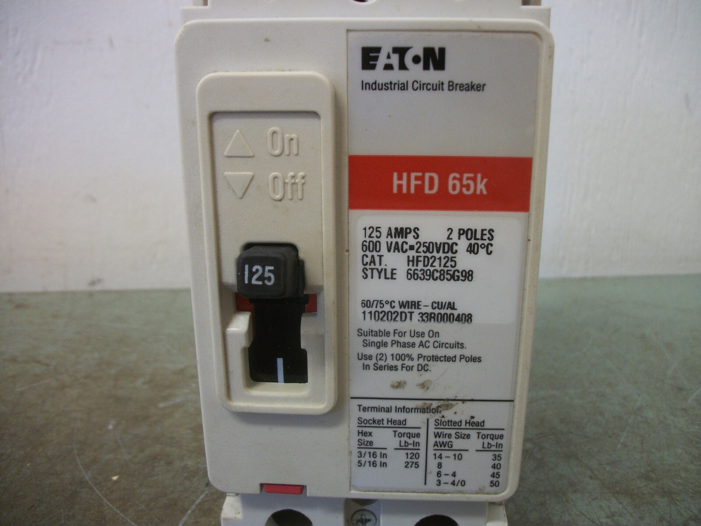CUTLER-HAMMER HFD CIRCUIT BREAKER HFD2125 125AMP 600VOLT 2POLE RED