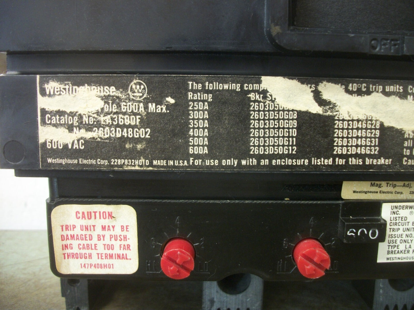 WESTINGHOUSE LA CIRCUIT BREAKER LA3600F 600A 600V 3P W/600A TRIP + AUX NO COVERS