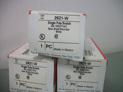 PASS & SEYMOUR LOT OF 5 1POLE ROCKER SWITCHES 2621-W 20AMP 120/277VOLT NIB