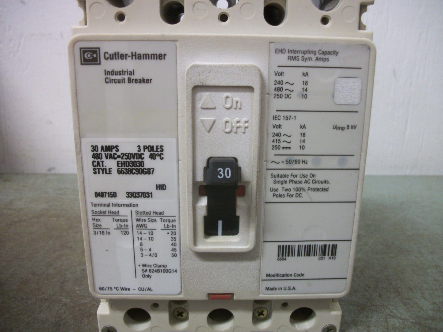 CUTLER-HAMMER EHD CIRCUIT BREAKER EHD3030 30AMP 480VOLT 3POLE FADED