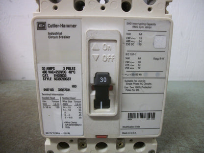 CUTLER-HAMMER EHD CIRCUIT BREAKER EHD3030 30AMP 480VOLT 3POLE FADED