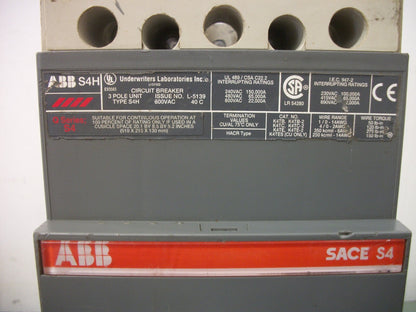 ABB SACE S4 S4H CIRCUIT BREAKER 122160023-002 250AMP 600VOLT 3POLE W/SHUNT+AUX