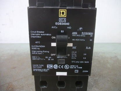 SQUARE D EGB CIRCUIT BREAKER EGB34040 40AMP 480VOLT 3POLE