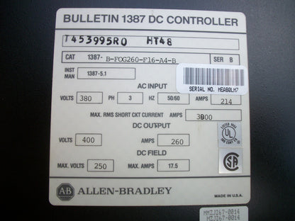ALLEN-BRADLEY DC DRIVE 1387-B-FOG260-F16-A4-B IN 380VAC 214A OUT 400VDC 260A