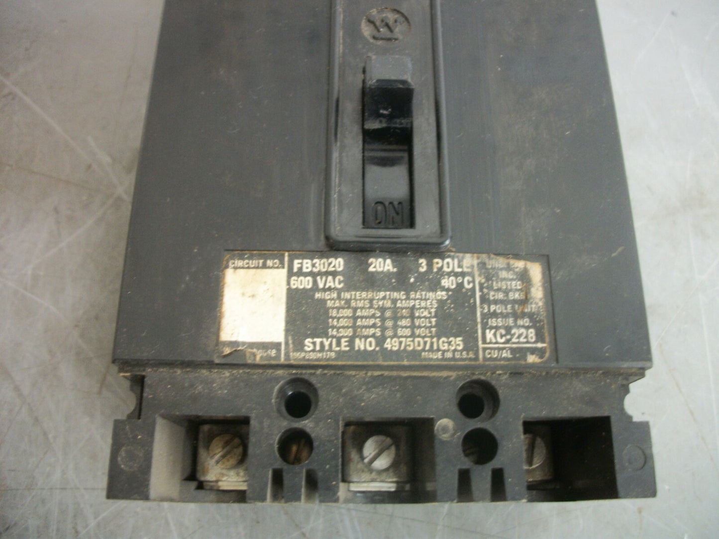 WESTINGHOUSE FB CIRCUIT BREAKER FB3020 20AMP 600VOLT 3POLE W/HARDWARE