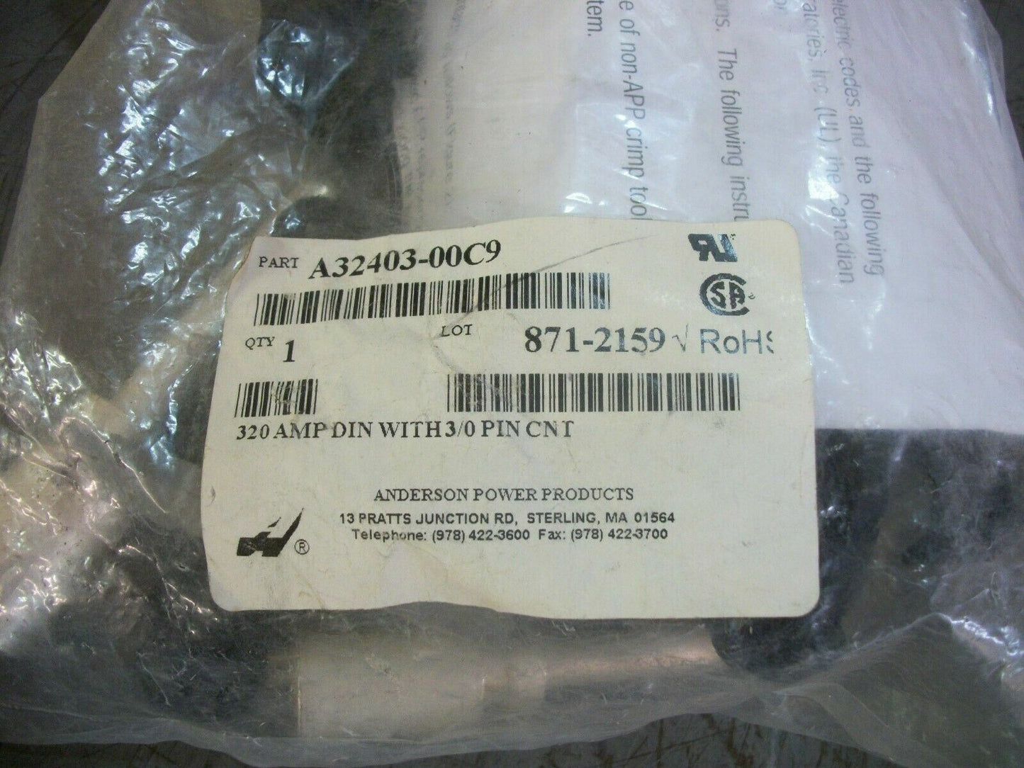 ANDERSON 320AMP DIN CONNECTOR WITH 3/O PIN CONT A32403-00C9 NEW