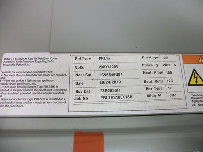 CUTLER-HAMMER PRL1A LOAD CENTER PANELBOARD EZB2036R 100AMP 208Y/120VOLT 3PH 4W