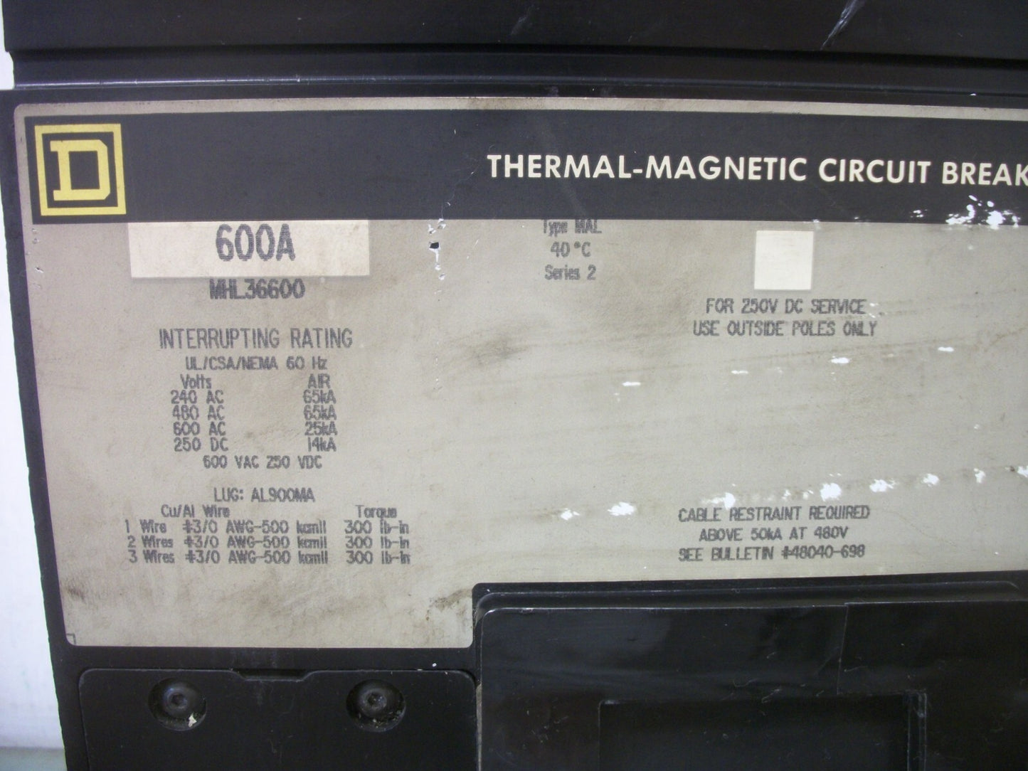 SQUARE D MHL CIRCUIT BREAKER MHL36600 600AMP 600VOLT 3POLE GRAY NO COVERS