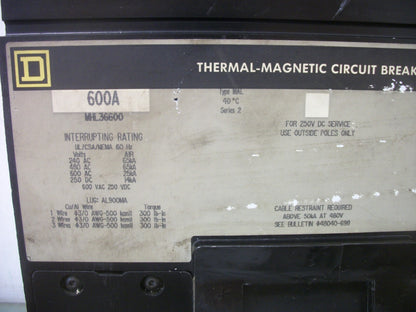 SQUARE D MHL CIRCUIT BREAKER MHL36600 600AMP 600VOLT 3POLE GRAY NO COVERS