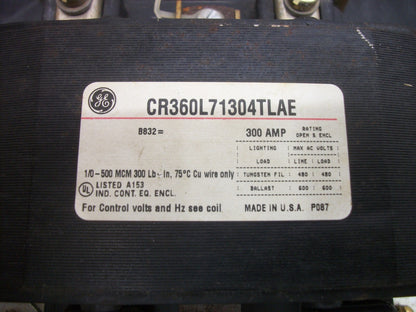 GE 300AMP 3POLE LIGHTING CONTACTOR CR360L71304TLAE 480VCOIL 600VOLT