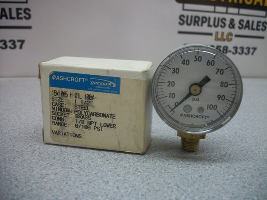 ASHCROFT 1-1/2" 1/8 NPT PNEUMATIC PRESSURE GAUGE 15W1005H01L100# 0-100PSI NIB