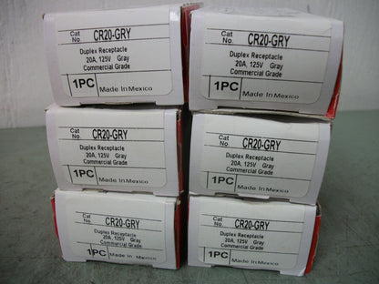PASS & SEYMOUR LOT OF 6 GRAY DUPLEX RECEPTACLES CR20-GRY 20AMP 125VOLT NIB
