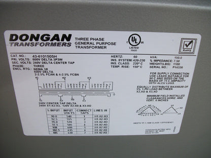 DONGAN 150KVA 3PH TRANSFORMER 3R 43-610150SH HV 600D 3P3W LV 240D
