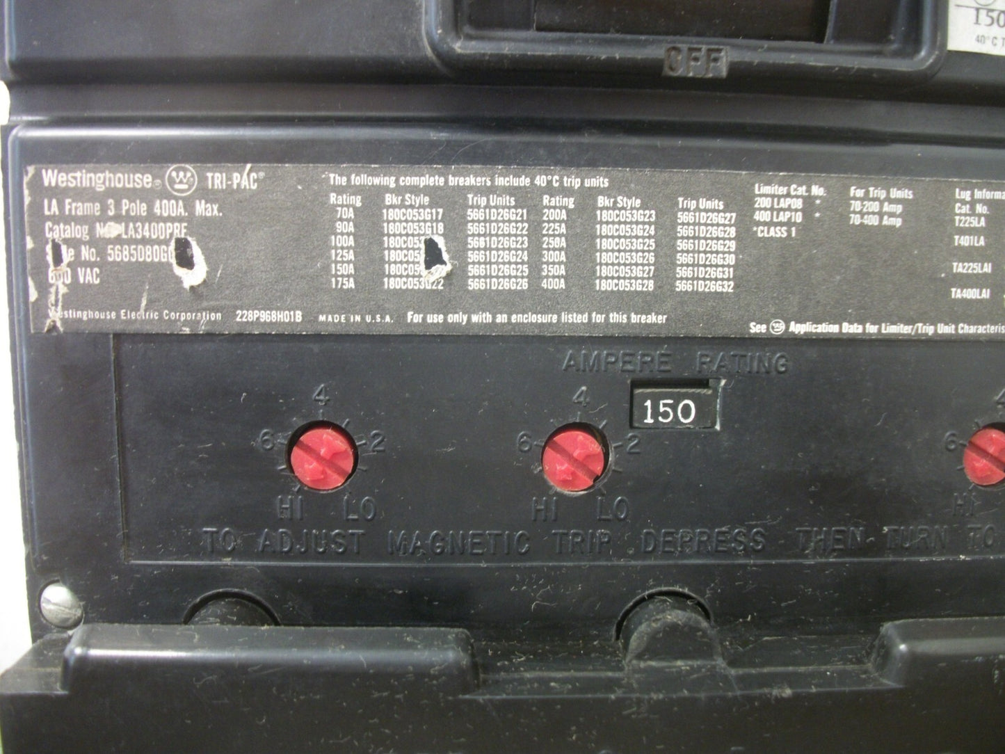 WESTINGHOUSE LA CIRCUIT BREAKER LA3400PRF 400AMP 600VOLT 3POLE W/150A TRIP