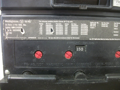 WESTINGHOUSE LA CIRCUIT BREAKER LA3400PRF 400AMP 600VOLT 3POLE W/150A TRIP