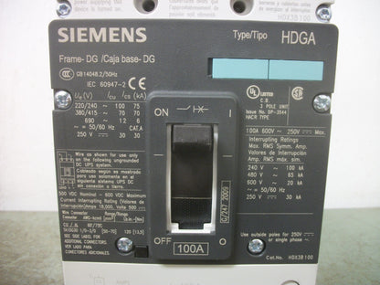 SIEMENS HDGA CIRCUIT BREAKER HDX3B100 100AMP 600VOLT 3POLE