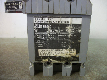 SIEMENS ITE SENTRON CLE CIRCUIT BREAKER CLE63B020 20AMP 600VOLT 3POLE W/SHUNT