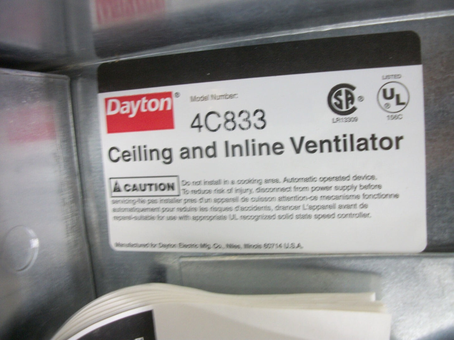 DAYTON ELECTRIC FAN CEILING AND INLINE VENTILATOR 4C833 NIB