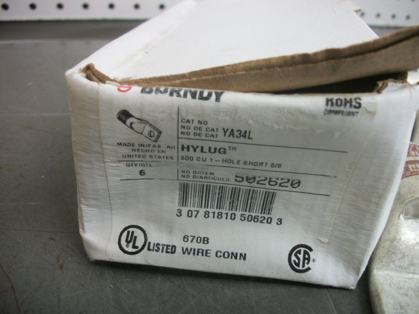BURNDY 502620 BOX OF 6 HYLUG 500 CU 1-HOLE SHORT 5/8 COMPRESSION LUGS YA34L NIB