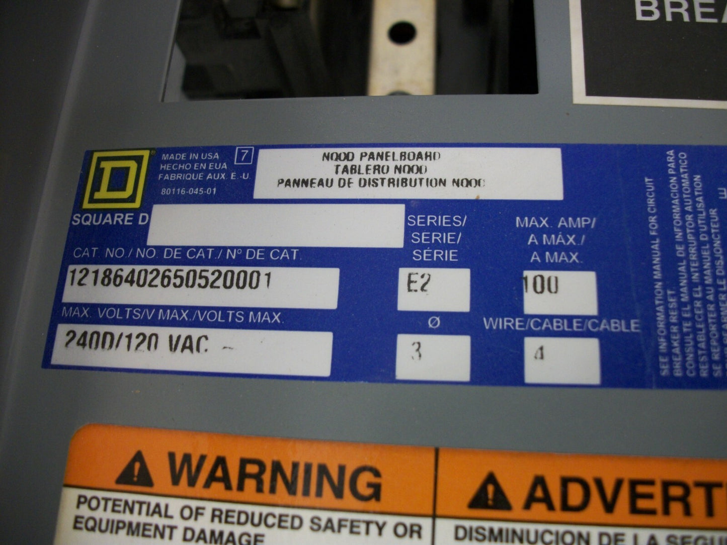 SQUARE D NQOD LOAD CENTER PANELBOARD NQOD12186402650520001 100A 240D/120V 3PH 4W