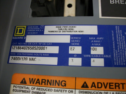 SQUARE D NQOD LOAD CENTER PANELBOARD NQOD12186402650520001 100A 240D/120V 3PH 4W