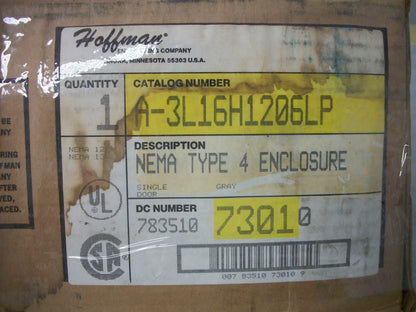 HOFFMAN 16 X 12 X 6 TYPE 4 ENCLOSURE A-3L16H1206LP NIB