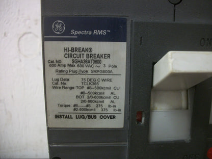 GE SPECTRA SGHA CIRCUIT BREAKER SGHA36AT0600 600AMP 600VOLT 3POLE W/600A TRIP