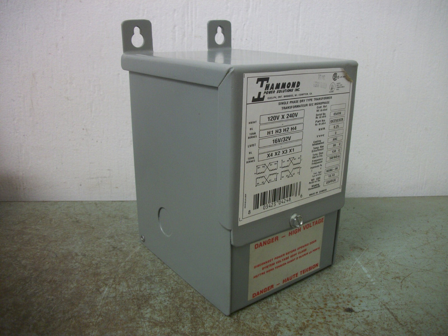 HAMMOND 0.25KVA 1PH TRANSFORMER TYPE 3R QC25ESCB HV 120X240 LV 16/32