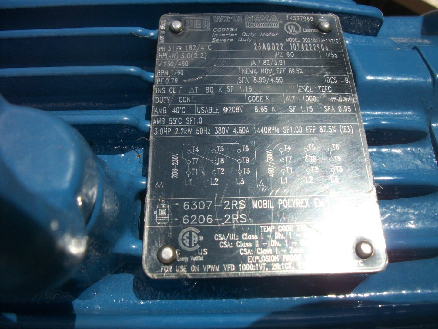 WEG 3HP 182/4TC TEFC AC MOTOR 00318XT3E182TC 460VOLT 3PH 1760RPM NOB