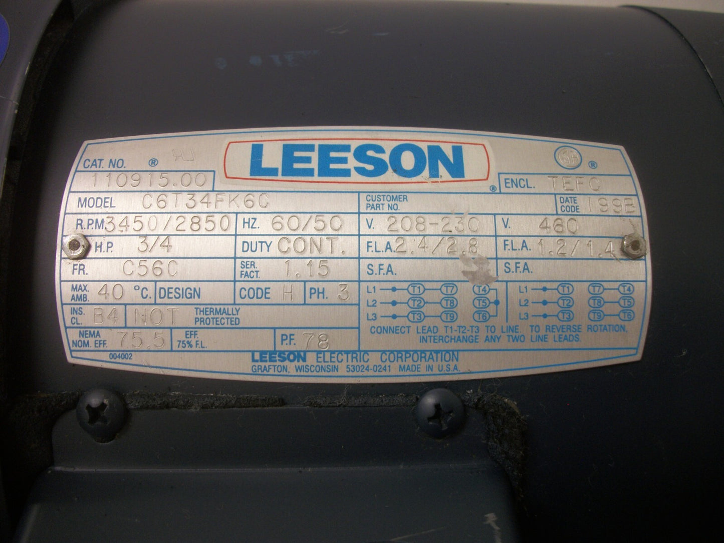 LEESON 3/4HP C56C TEFC AC MOTOR 110915.00 460VOLT 3PH 3450RPM