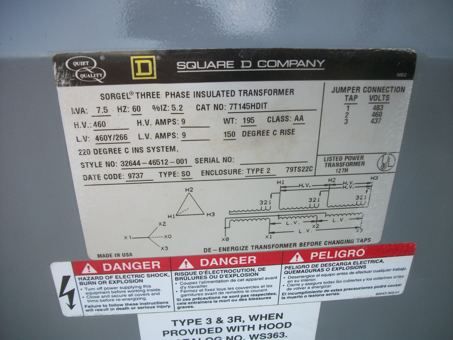 SQUARE D SORGEL 7.5KVA 3PH TRANSFORMER 7T145HDIT HV 460 LV 460Y266 REFURB