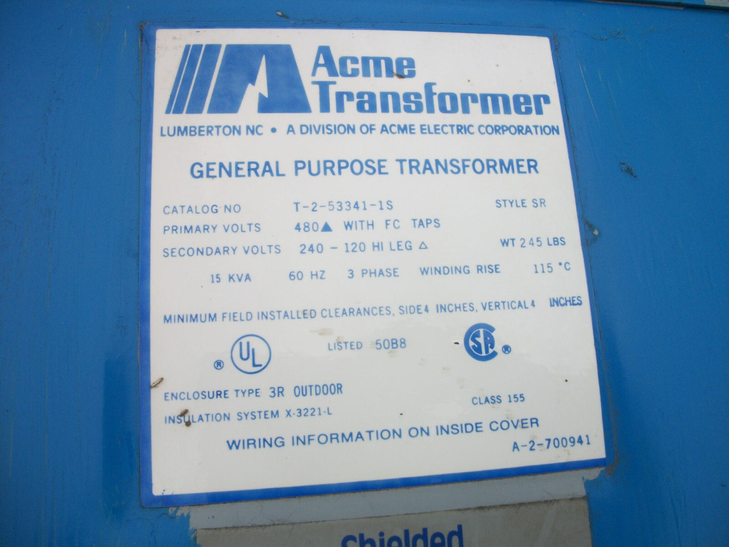ACME 15KVA 3PH TRANSFORMER T-2-53341-1S HV 480D LV 240/120 HI LEG