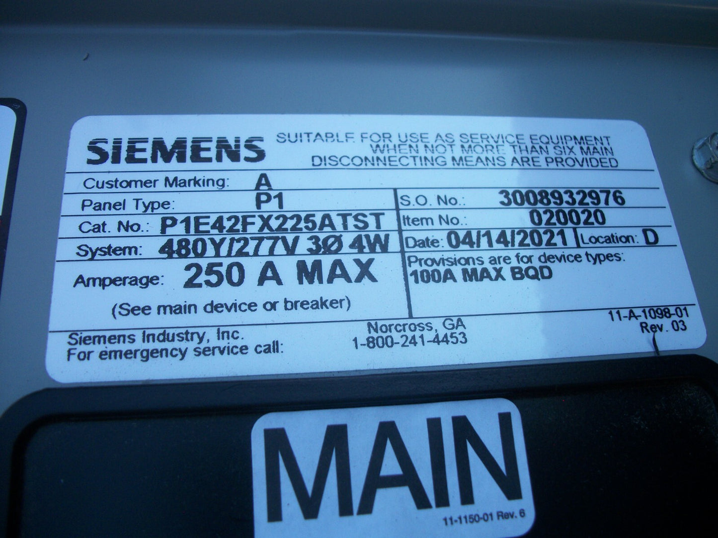 SIEMENS P1 LOAD CENTER PANELBOARD P1E42FX225ATST 250A 480Y/277V 3PH W/225A MAIN