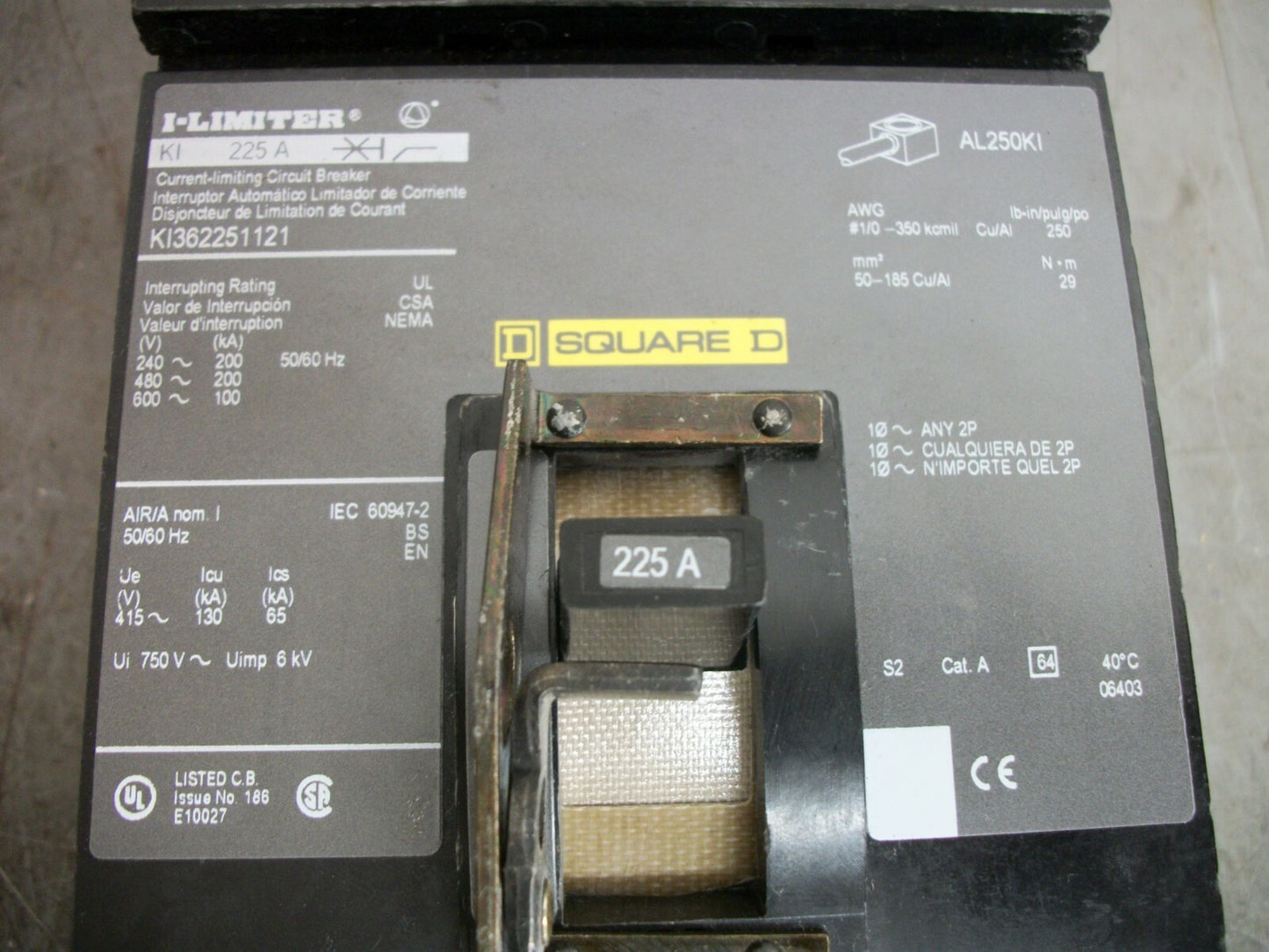 SQUARE D I-LINE KI CIRCUIT BREAKER KI362251121 225AMP 600VOLT 3POLE GREEN