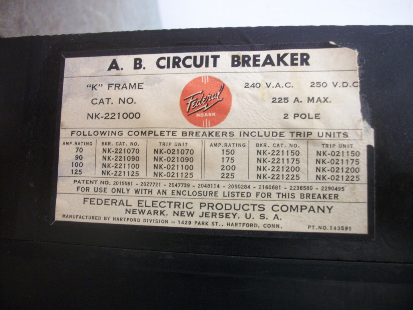 FEDERAL PACIFIC A.B. CIRCUIT BREAKER NK221000 225AMP 240VOLT 2POLE