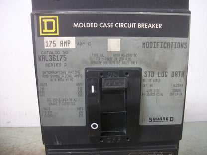 SQUARE D KAL CIRCUIT BREAKER KAL36175 175AMP 600VOLT 3POLE GRAY
