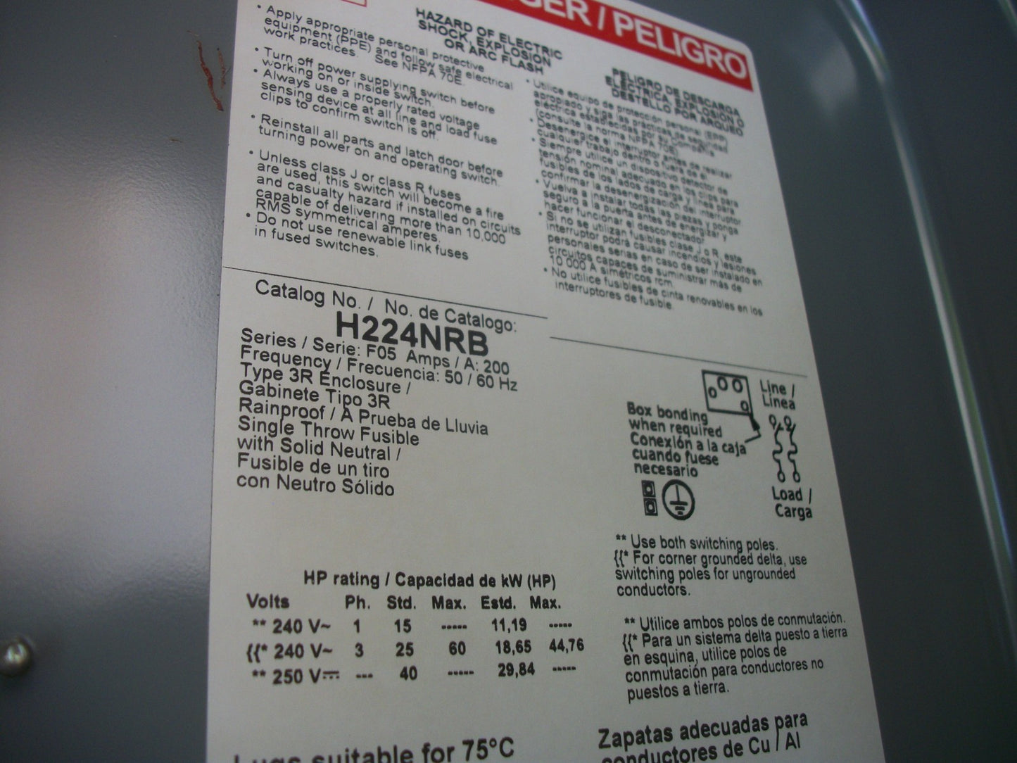 SQUARE D DISCONNECT TYPE 3R H224NRB 200AMP 240VOLT 2POLE FUSIBLE NIB