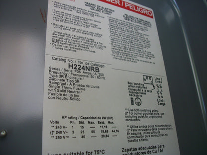 SQUARE D DISCONNECT TYPE 3R H224NRB 200AMP 240VOLT 2POLE FUSIBLE NIB