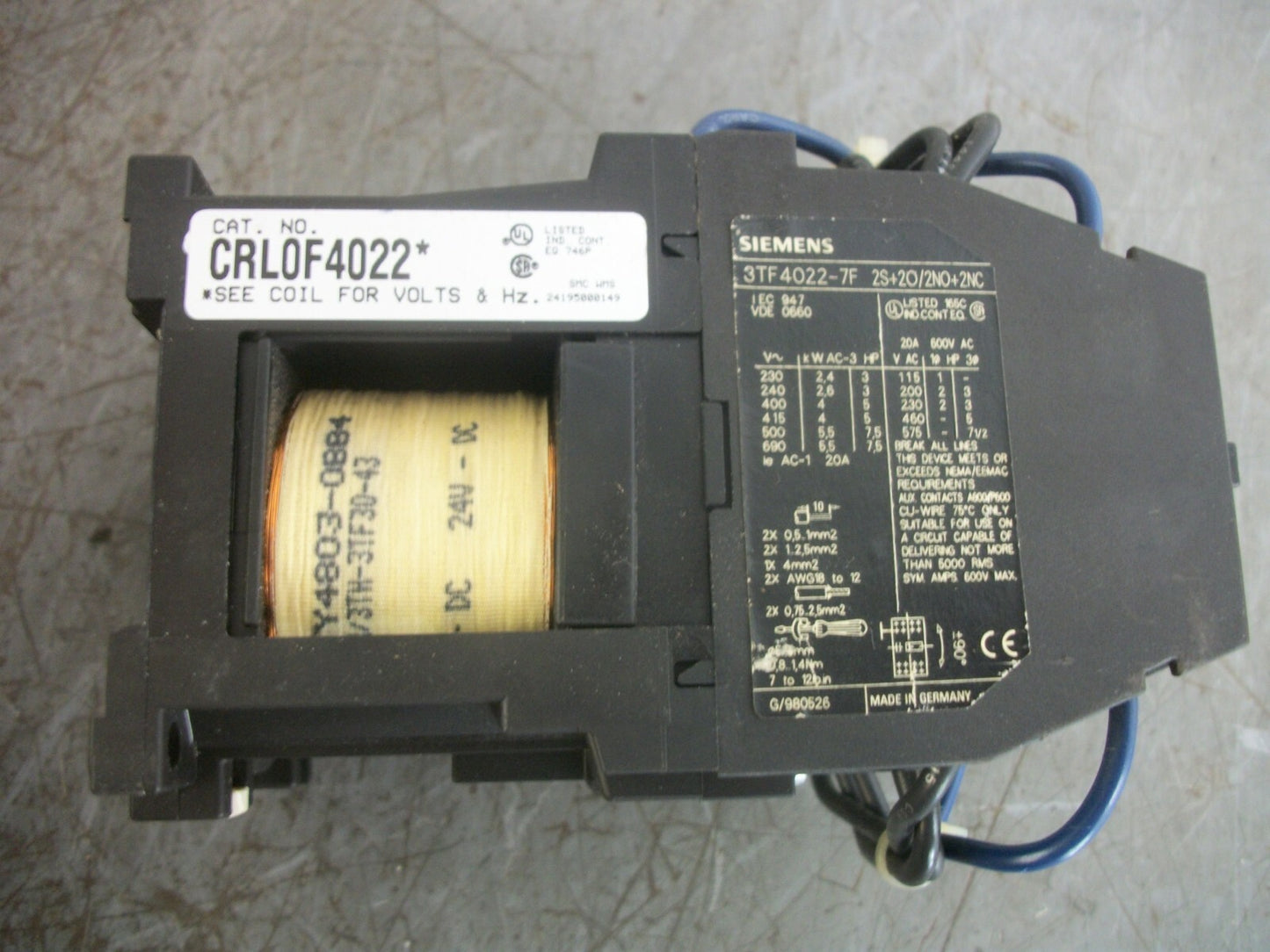 SIEMENS 3TF4022-7F REV CONTACTOR CRL0F4022* 20AMP 24VCOIL 3PH 600V 7.5HP