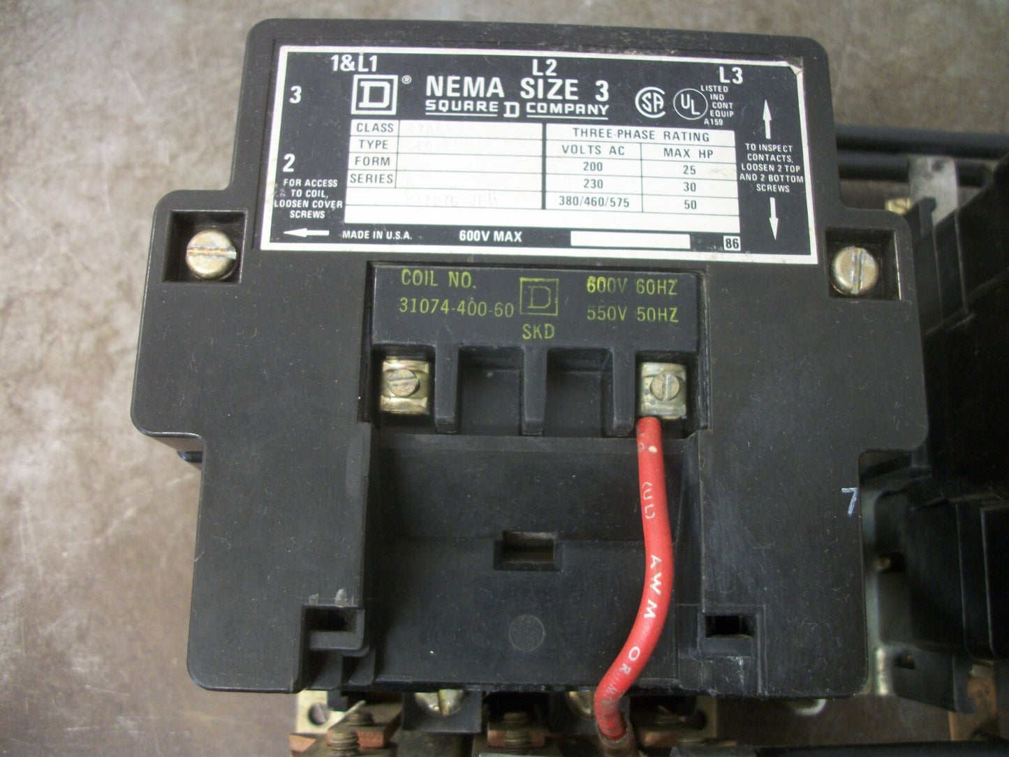 SQUARE D SIZE 3 REV MOTOR STARTER 8736SEO2 600VCOIL 3PH 600V 50HP