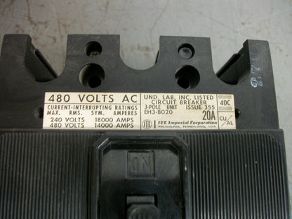 SIEMENS EH3 CIRCUIT BREAKER EH3B020 20AMP 480VOLT 3POLE CHIPPED