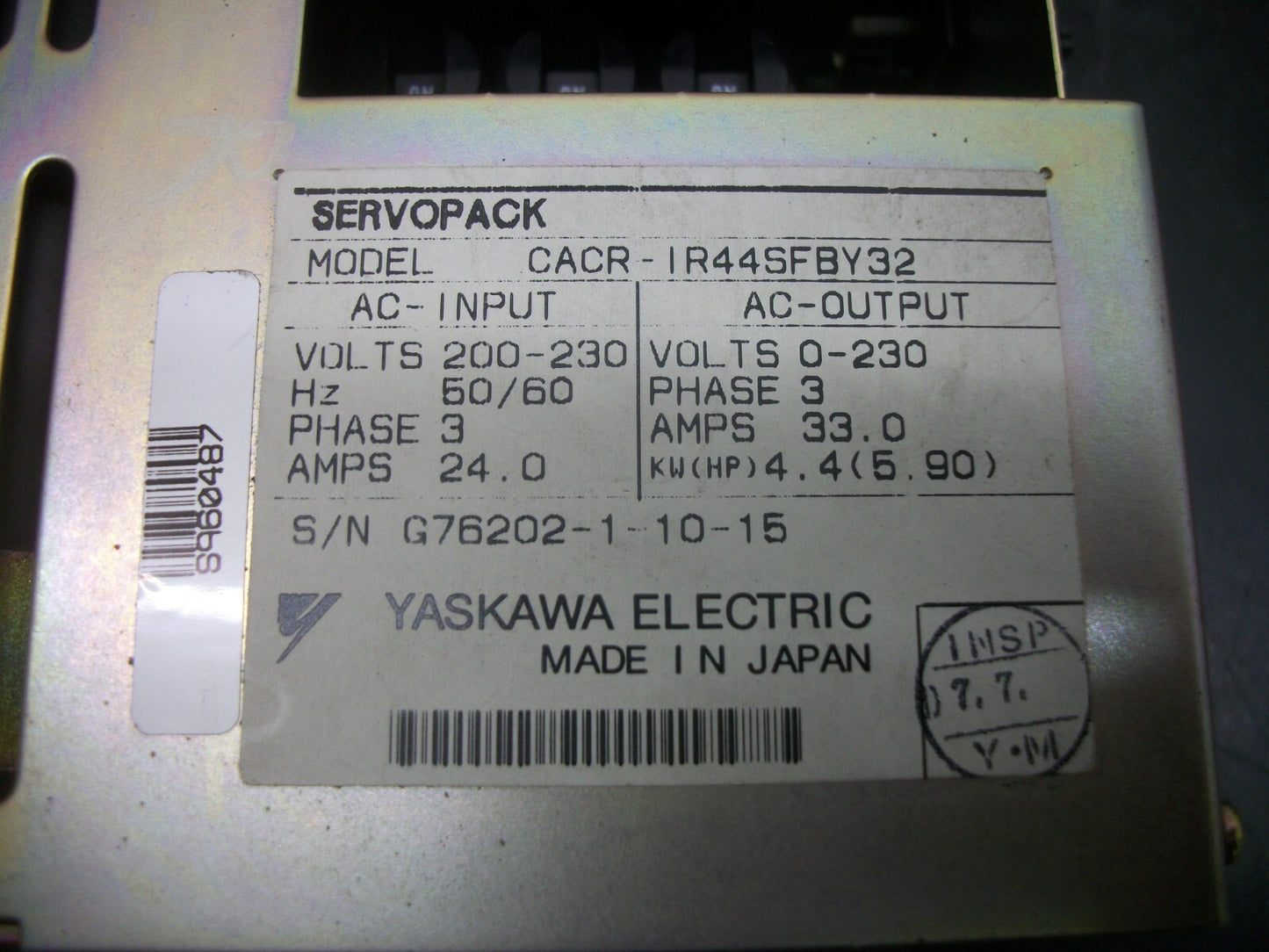 YASKAWA SERVOPACK 5.9HP SERVO DRIVE CACR-IR44SFBY32 230VOLT 3PH 33AMP