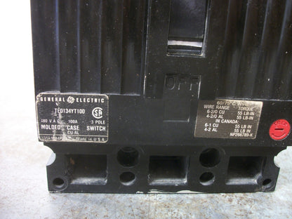 GE TED CIRCUIT BREAKER TED134YT100 100AMP 480VOLT 3POLE BLACK W/SHUNT
