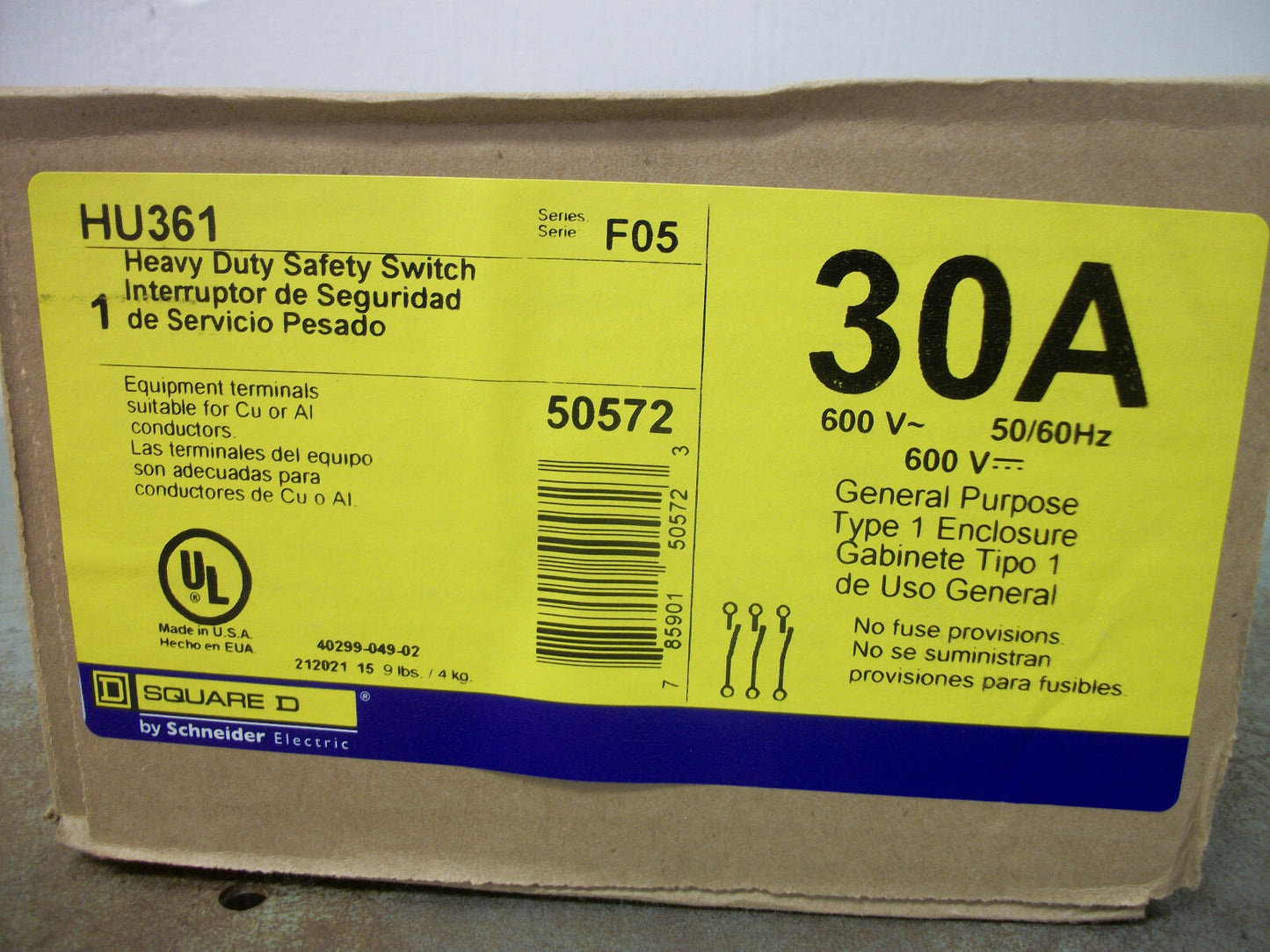 SQUARE D DISCONNECT TYPE 1 HU361 30AMP 600VOLT 3POLE NON-FUSIBLE NIB