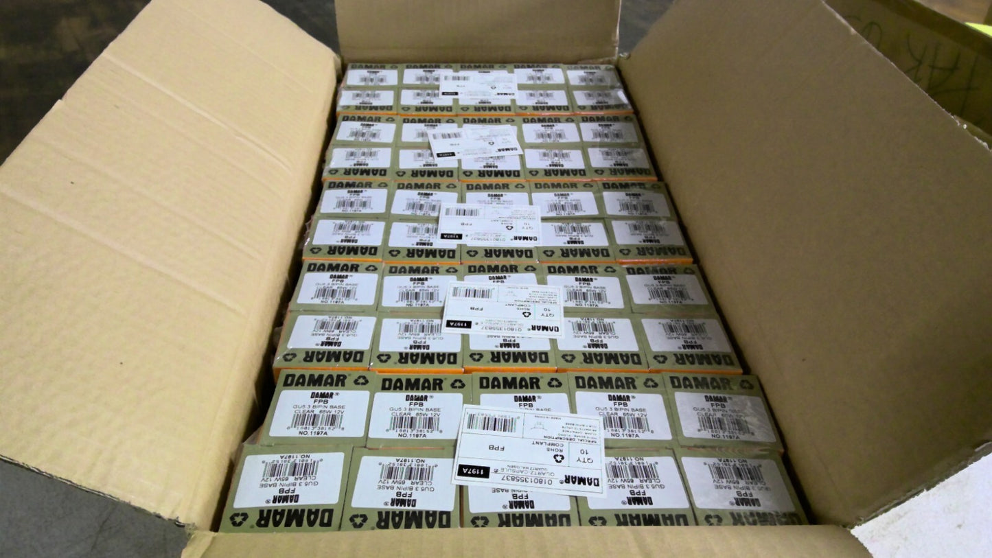 DAMAR 1197A BOX OF 100 MR16 FLOOD CLEAR QUARTZ HALOGEN BULBS FPB NIB